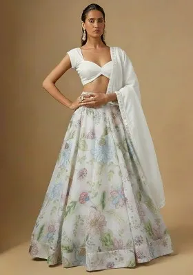Ivory Embroidered Poly Blend Lehenga Set