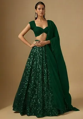 Emerald Green Sequin Embroidery Net Lehenga Set