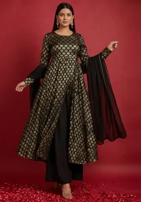 Black Brocade Anarkali Set