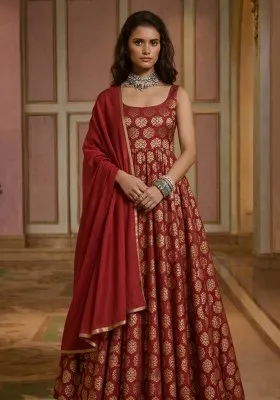 Deep Maroon Brocade Anarkali Set