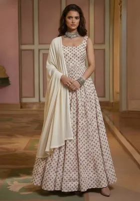 Off-White Printed Georgette Anarkali Set