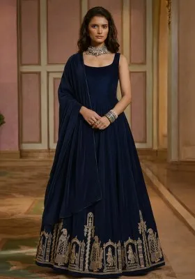 Navy Blue Embroidered Velvet Anarkali Set