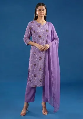 Lavender Silk Kurta Set With Embroidered Blouse