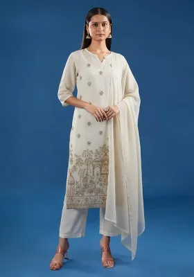 Off-White Embroidered Crepe Kurta Set
