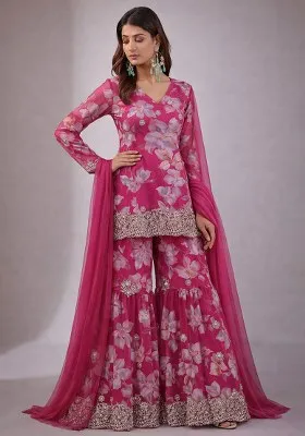 Rani Pink Floral Print Chinon Sharara Set