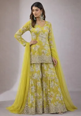 Mustard Yellow Floral Print Chinon Sharara Set