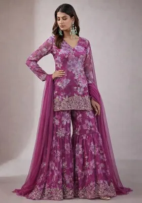 Berry Pink Floral Print Chinon Sharara Set