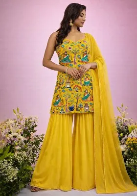 Yellow Printed Crepe Fusion Set