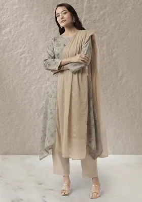 Grey Floral Print Linen Kurta Set