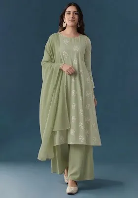 Sage Green Floral Print Linen Kurta Set