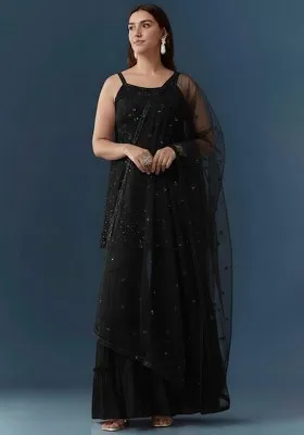 Jet Black Sequin Work Georgette Sharara Set
