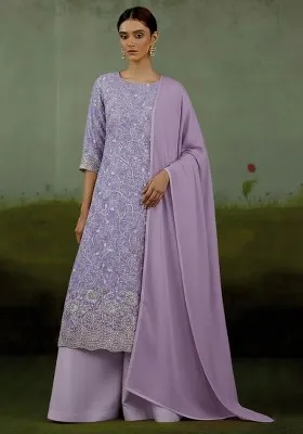 Lavender Embroidered Net Kurta Set