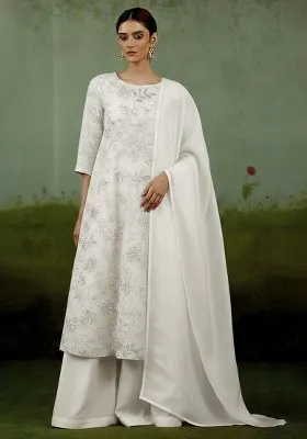 Off White Embroidered Poly Blend Kurta Set