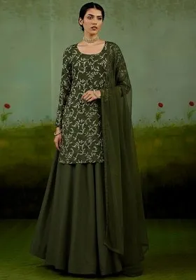 Olive Green Embroidered Crepe Sharara Set