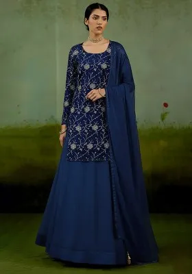 Navy Blue Embroidered Silk Sharara Set