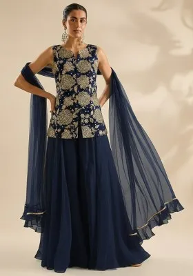 Navy Blue Floral Print Crepe Fusion Set