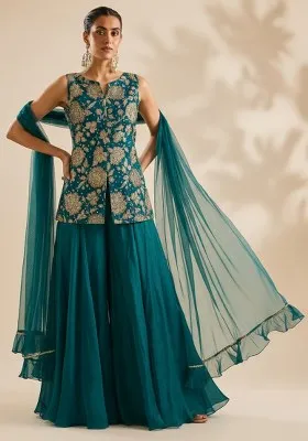 Teal Green Floral Print Crepe Fusion Set