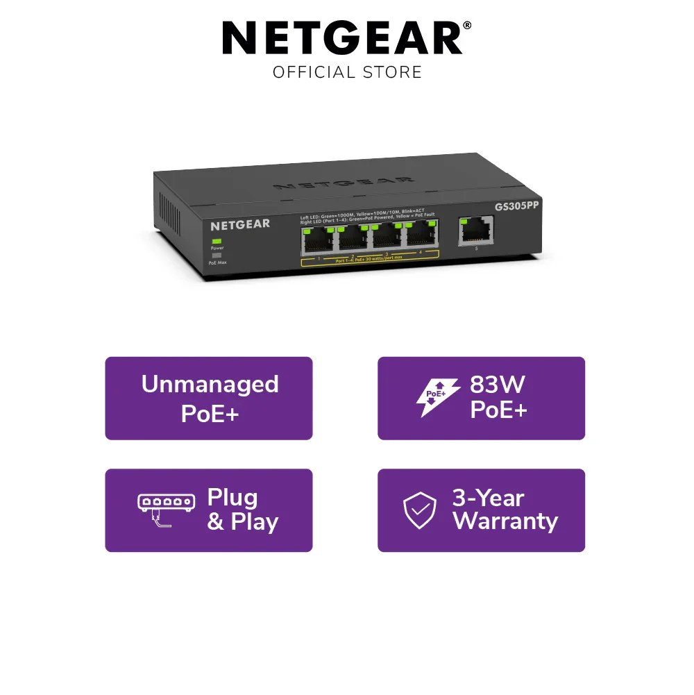 Netgear GS305PP 5-Port Gigabit PoE+ Switch