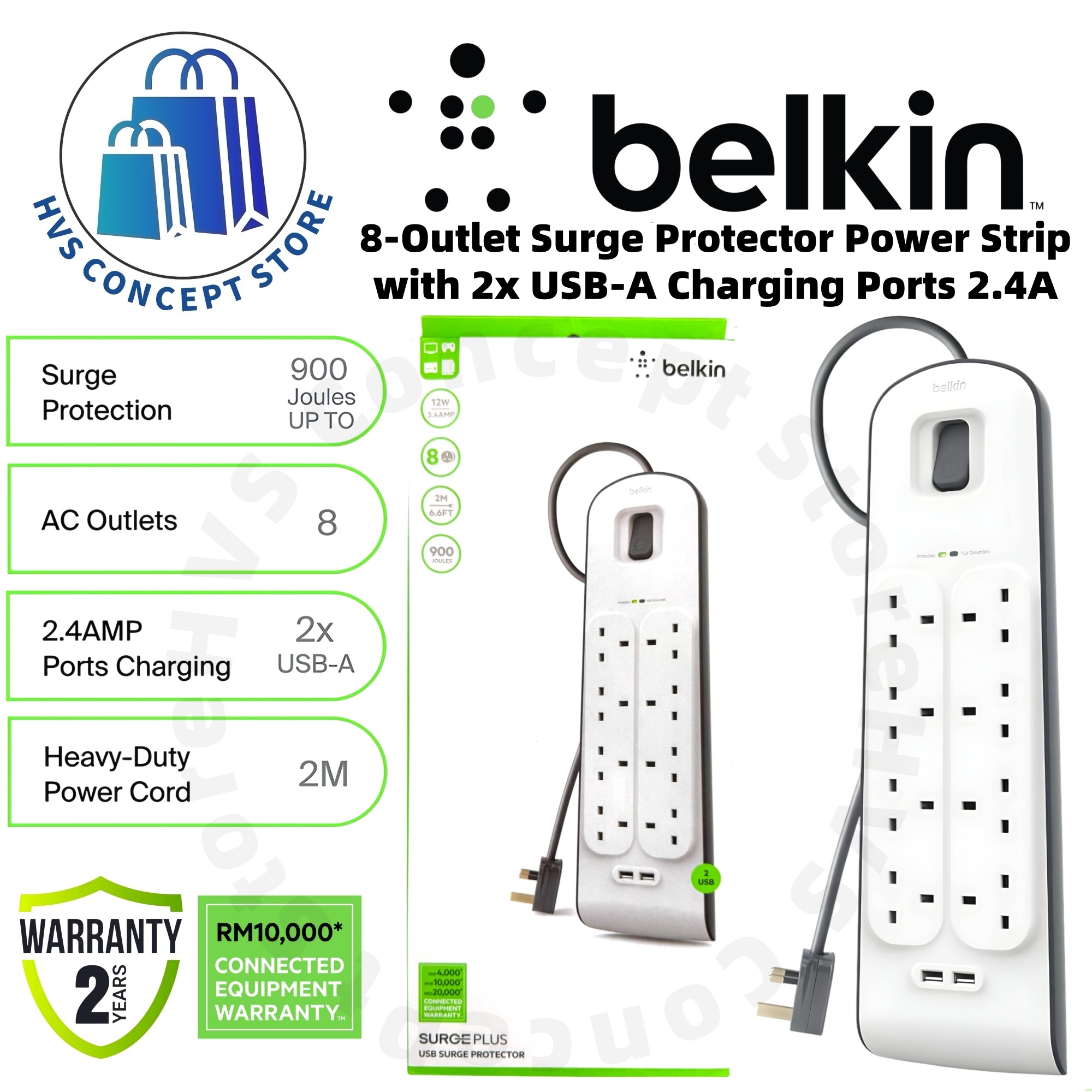 Belkin 8-Outlet Surge Protector - 2m Cable