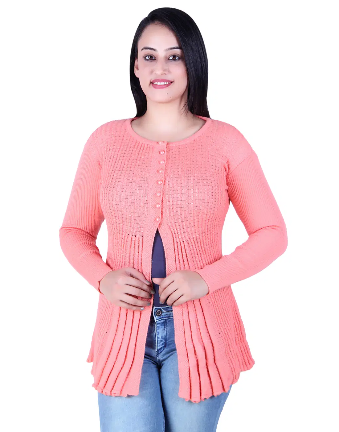 Ogarti Women Acrylic Round Neck Cardigan ( Peach )