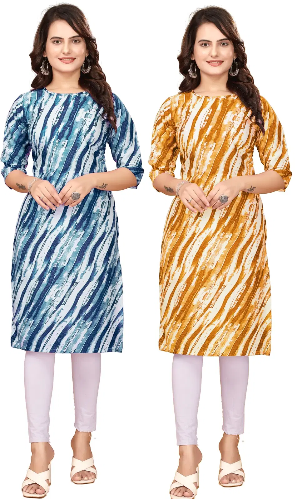KHODAL KRUPA CRETION Crepe Printed Straight Women's Kurti - Blue,Yellow ( Pack of 2 )