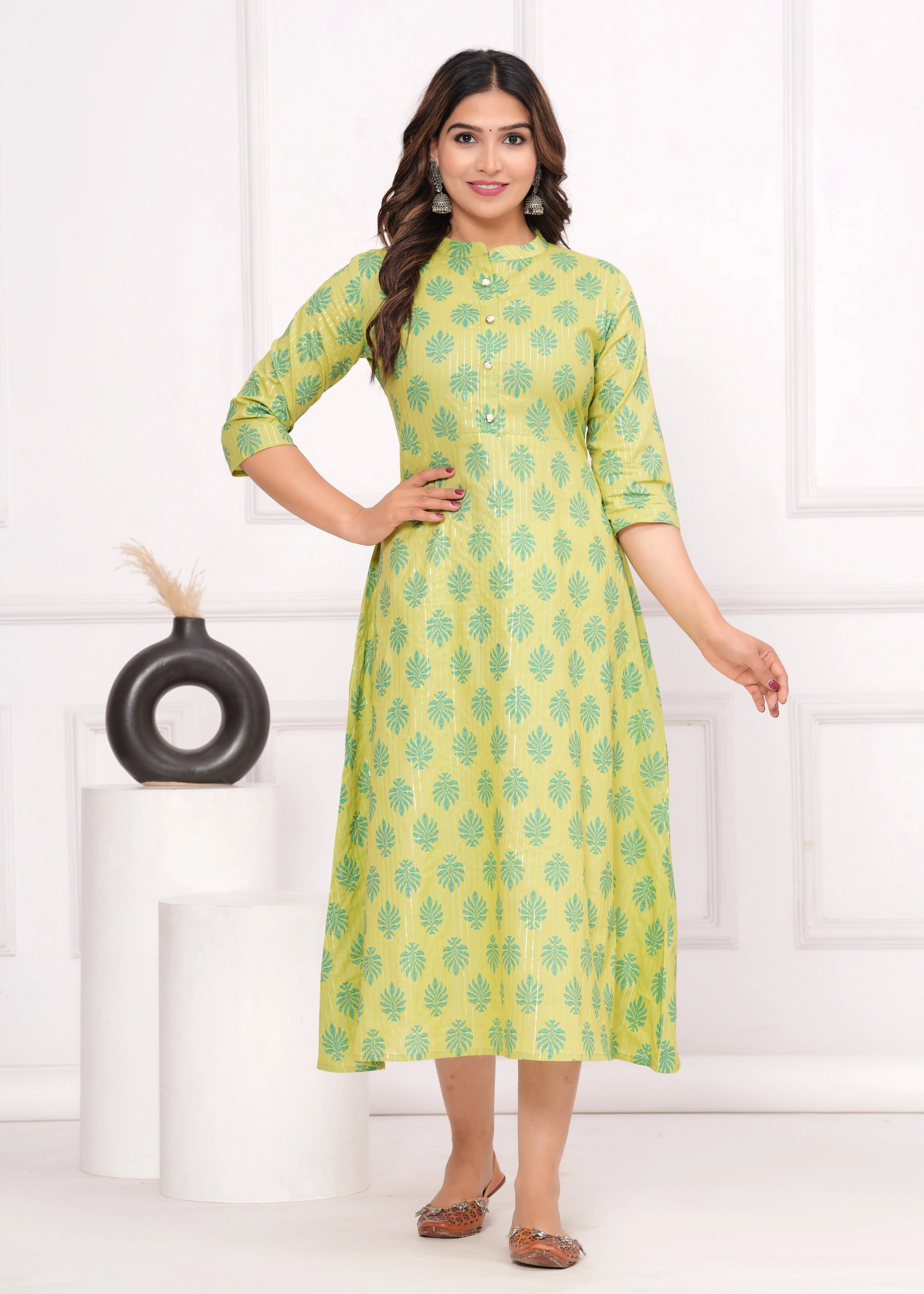 GlowWorld Cotton Printed A-line Women's Kurti - Green ( Pack of 1 )