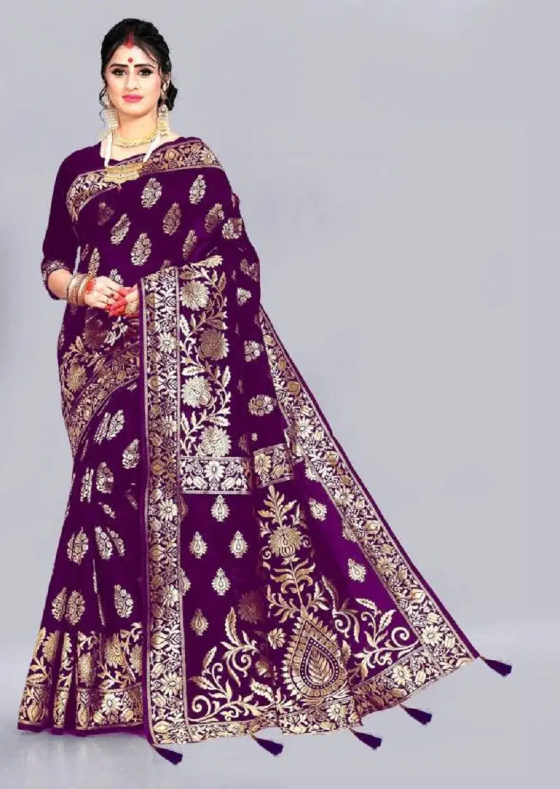 Any Fab Banarasi Silk Woven Saree With Unstitched Blouse Piece ( Purple )