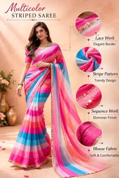 JAYU Georgette Striped Bandhani Sarees With Unstitched Blouse Piece ( Multicolor )