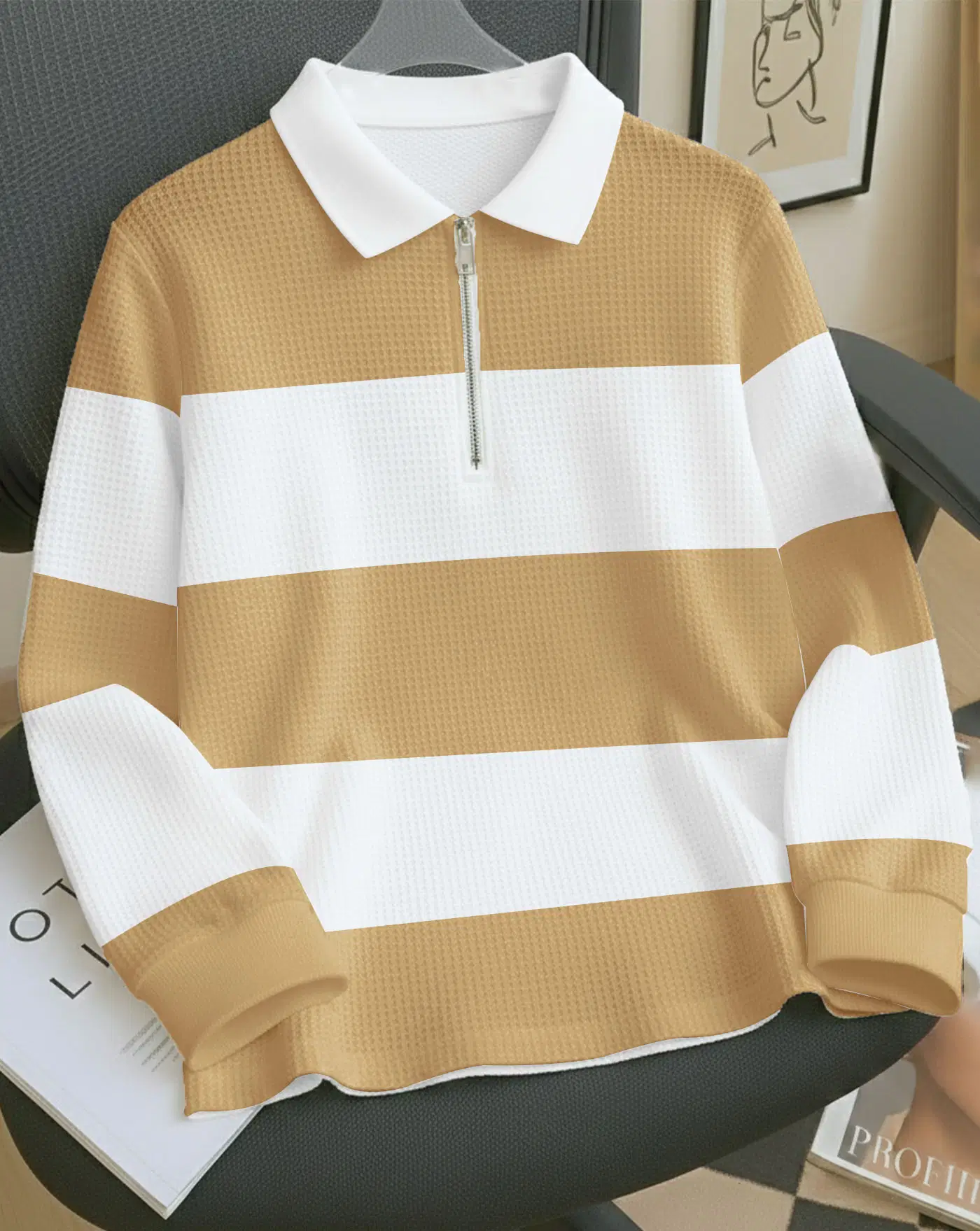 AUSK Men Cotton Blend Regular Fit Striped Polo T Shirt ( Beige )