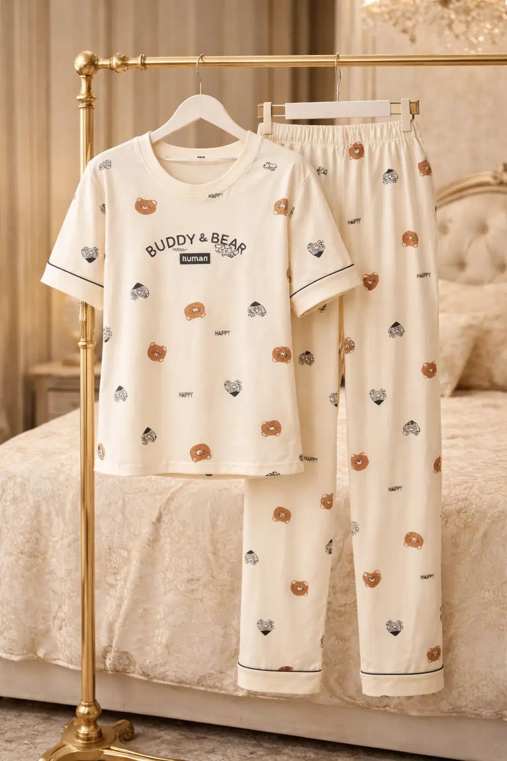 BYAARA SHOP Lycra Self Design Women T-shirt with Pyjama ( Cream )