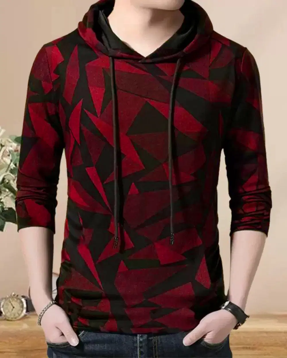 Try This Cotton Blend Regular Fit Printed Full Sleeves Men's Hooded T-Shirt - Red ( Pack of 1 )