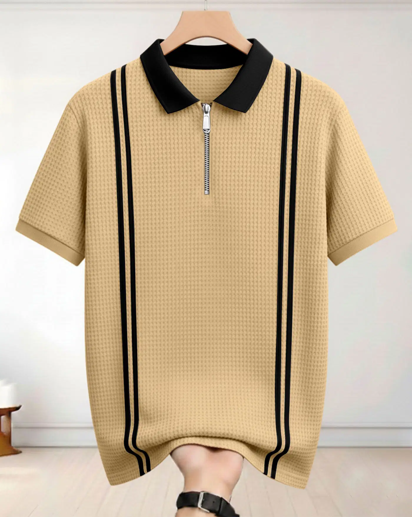 AUSK Men Cotton Blend Regular Fit Checks Polo T Shirt ( Beige )