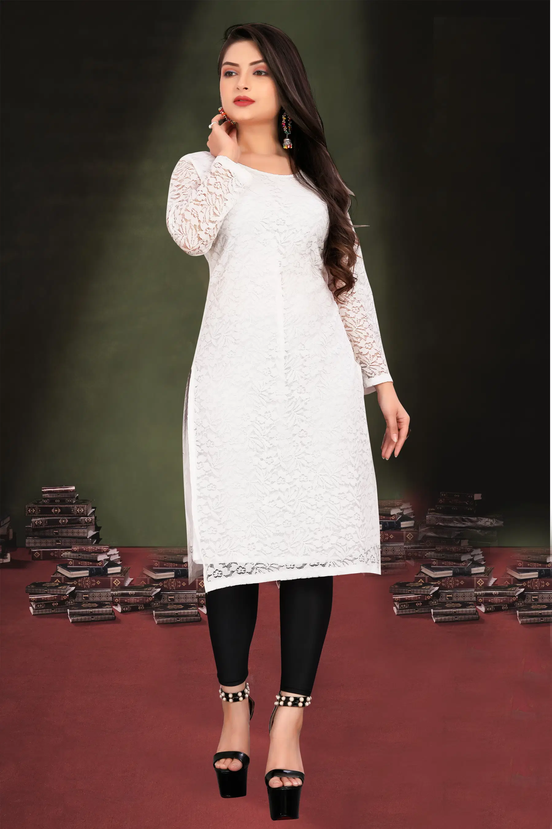 Shree Guru Fashion Women Net Solid Straight Kurti ( White )