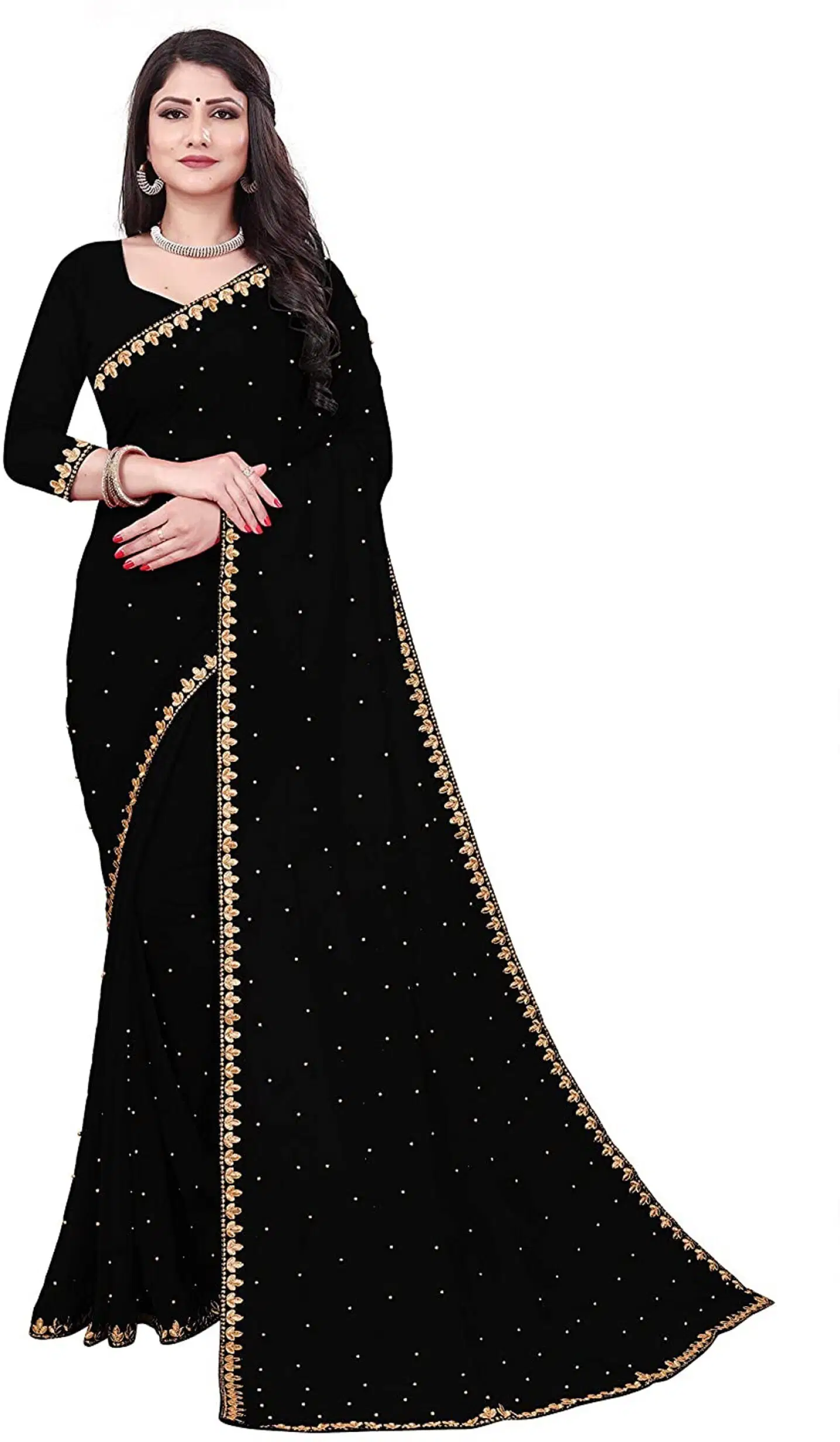 Vkaran Lycra Cut Outs Saree With Unstitched Blouse Piece ( Black )