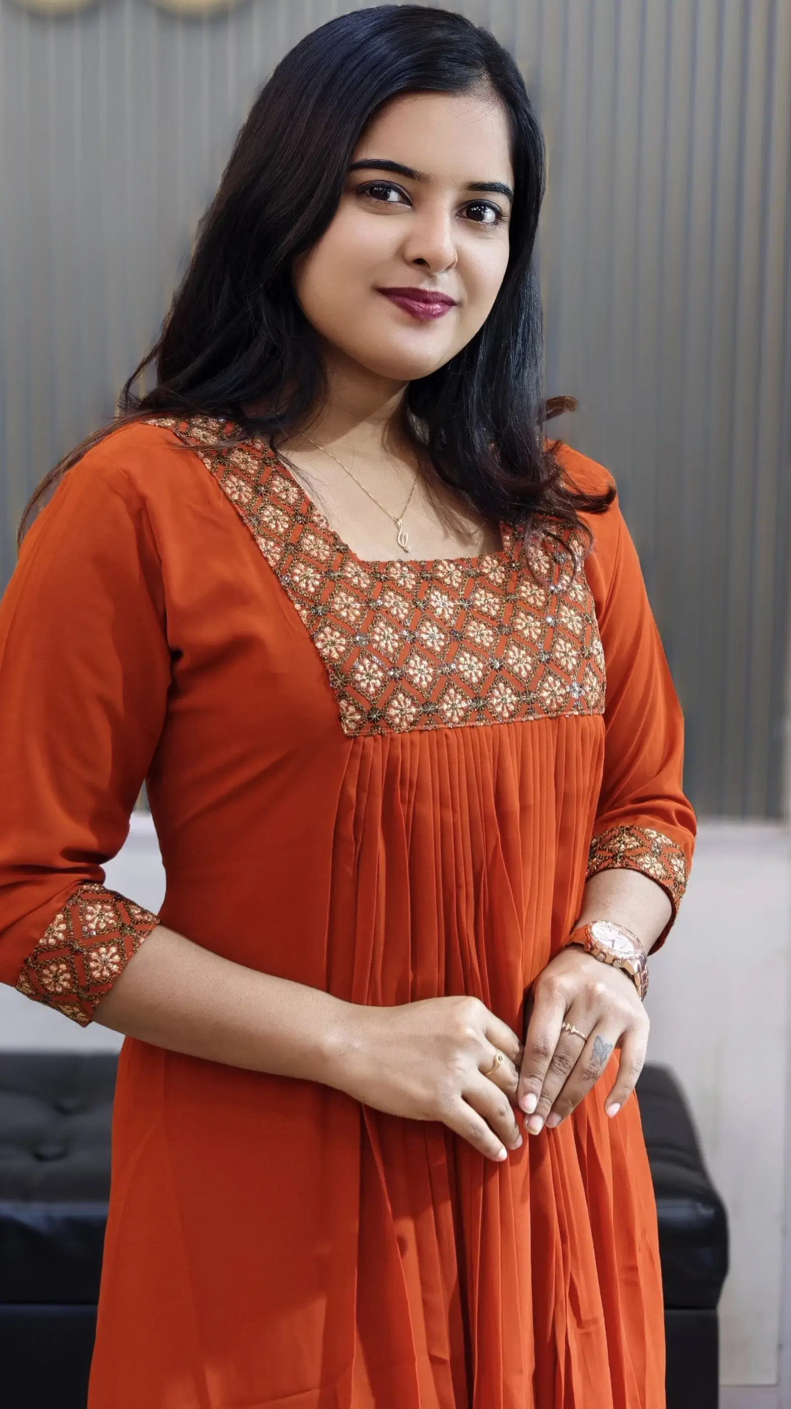 Move To Fashion Women Georgette Embroidered A-line Kurti ( Rust )