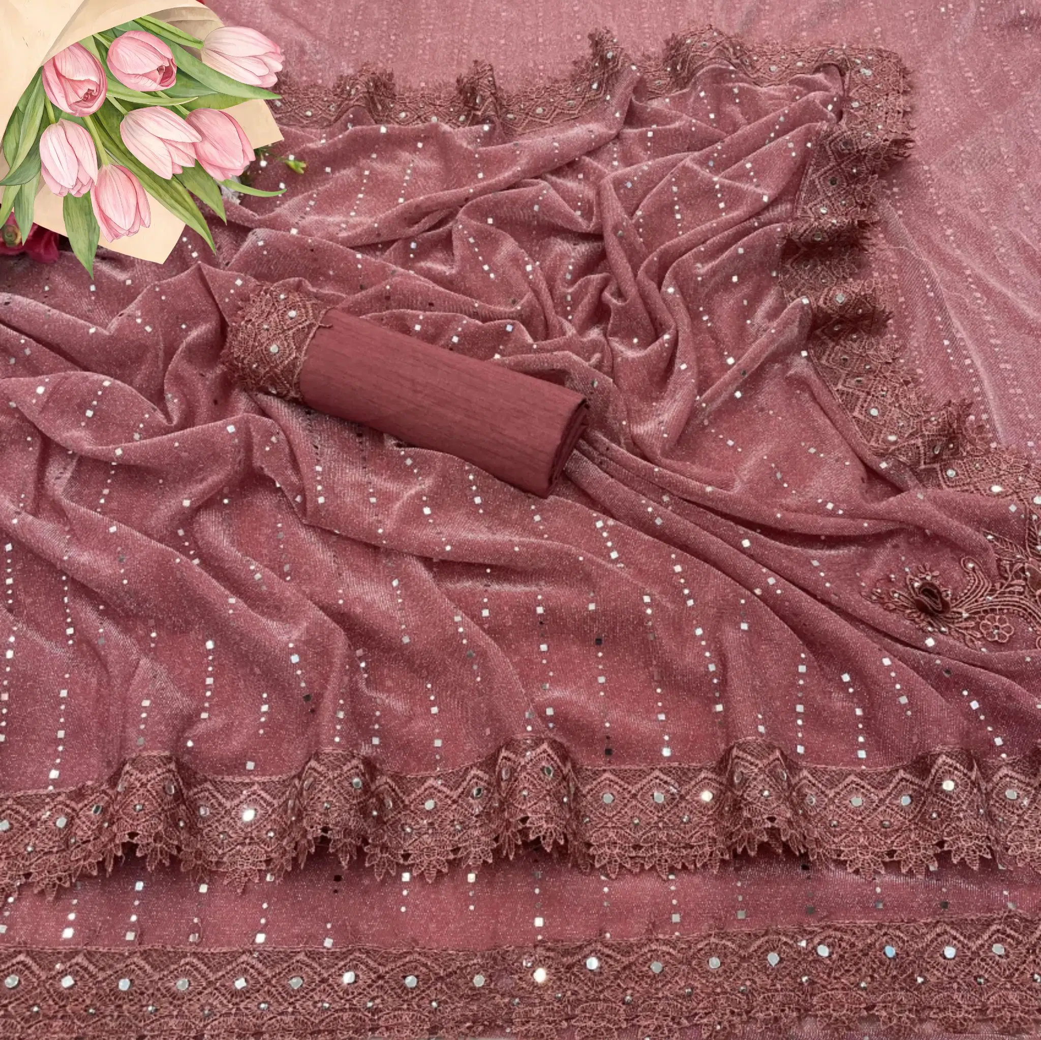 Light House Lycra Embellished Regular Saree With Unstitched Blouse Piece ( Pink )