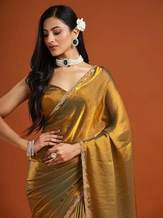 Prisha Net Self Design Bandhani Sarees With Unstitched Blouse Piece ( Gold )