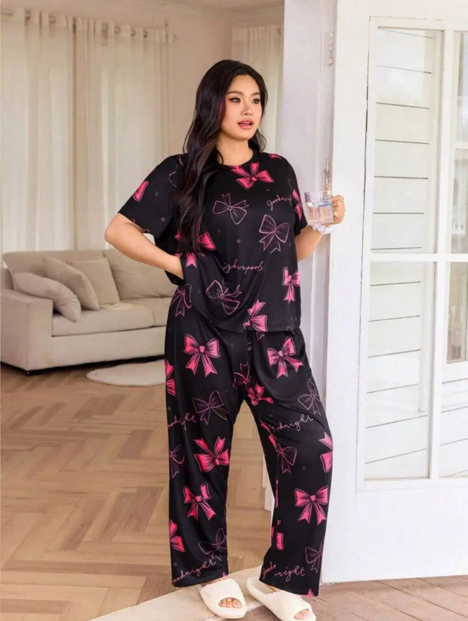 CRAZY NIGHT SUIT Polyester Printed Women T-shirt with Pyjama ( Black )
