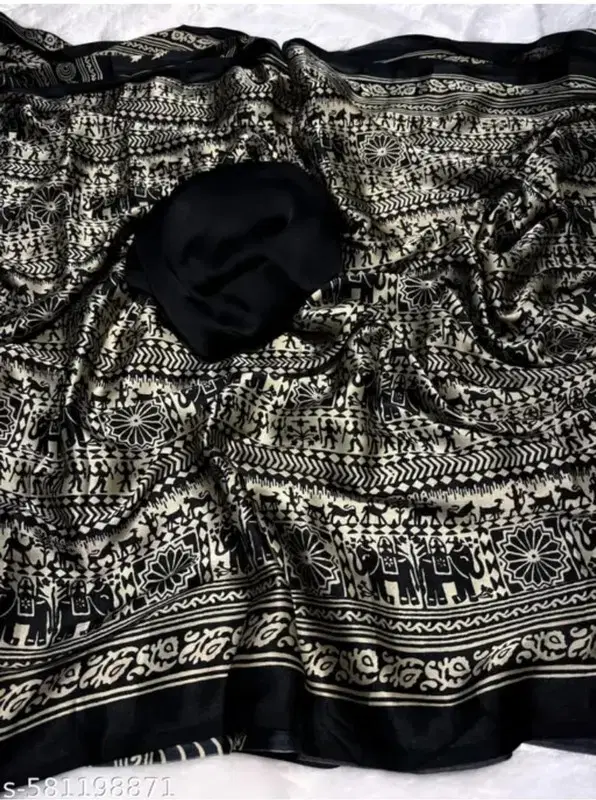 JIHANA FAB Chiffon Printed Regular Saree With Unstitched Blouse Piece ( Black )