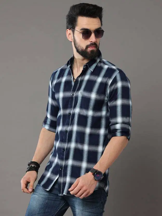 IQIVLI Cotton Blend Regular Fit Checks Full Sleeves Men's Casual Shirt - Dark Blue ( Pack of 1 )
