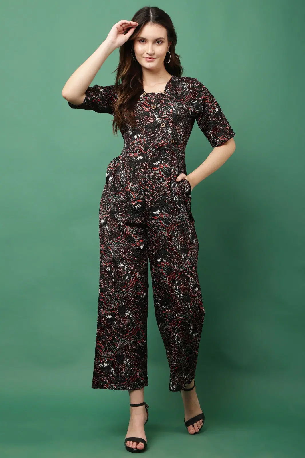 JustHer Women Printed Polyester Jumpsuit ( Red )
