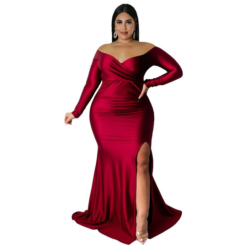Women's Clothing Large Size Women's Sexy Dress Nightclub V Neck Dress Solid Color Slit Long Skirt Autumn And Winter Women