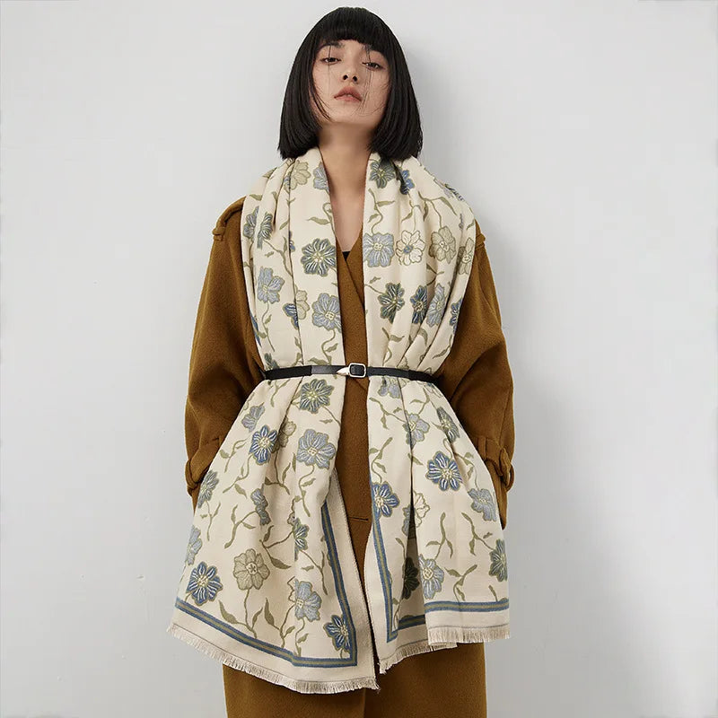 Bohemian Style Ladies Thickened Elegant Flower Pattern Imitated Pashmina Shawls Fashion Winter Warm Wear Wraps Cashmere Scarves