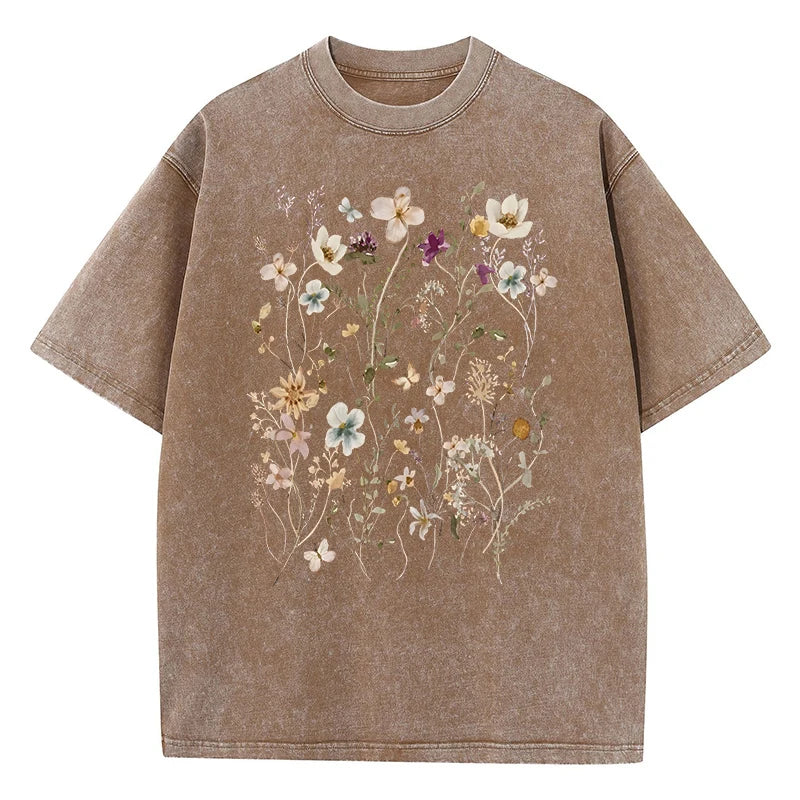 Beautiful Flower Clusters Print Female Washed T-Shirts Breathable T-Shirt Casual Short Sleeve Y2K Women Cotton Streetwear