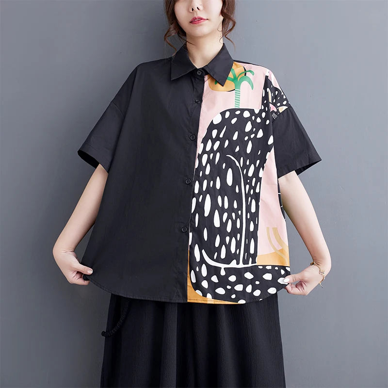 Oversized Loose Fit Chic Korean Style Woman New Summer Black Shirt Print Fashion Unique Casual Wear Large Blouses Blusas JJXS096