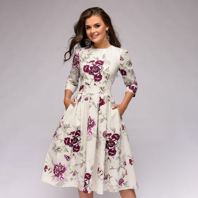 Women's A-line Dress Party Retro Small Floral 34 Sleeve Round Neck Dress