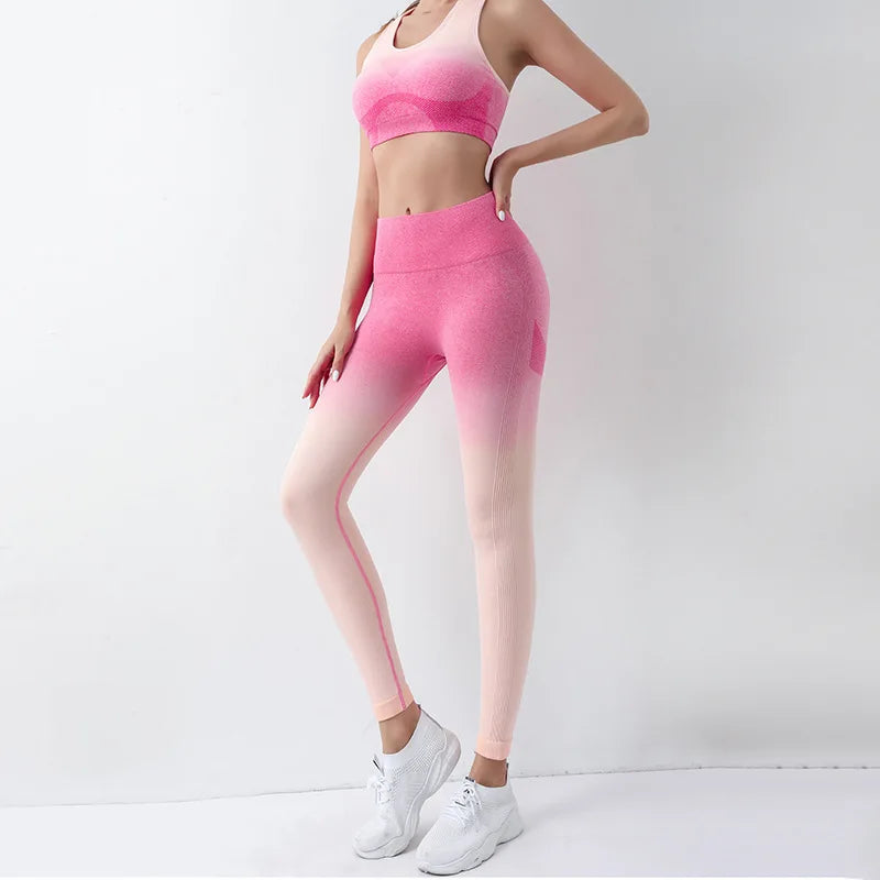 Women's Custom Logo Gradient Color Fitness Blazer Vest Long Sleeve Yoga Pants Set Quick Dry Breathable Gym Wear Elastic Waist